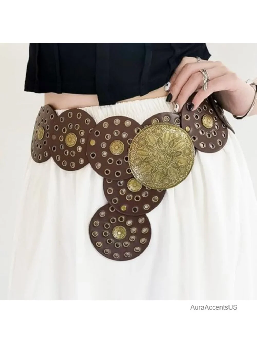 Vintage PU Leather Western Disc Concho Belt Wide Cowgirl Belt